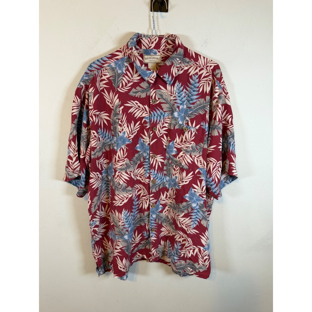 Boca Classics Mens Button Down Shirt 100% Silk Tropical Floral Red XL